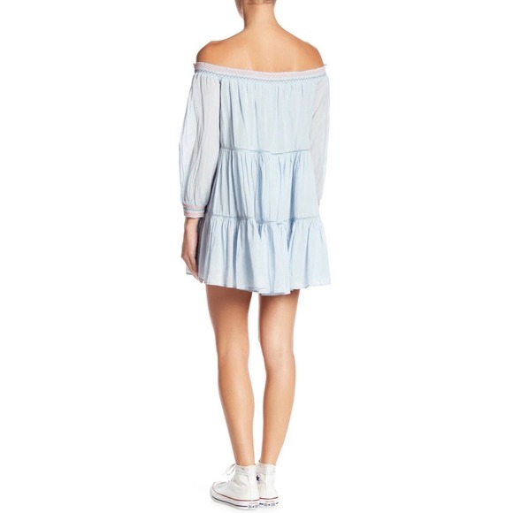 Free People Sunbeams Embroidered Off Shoulder Mini Dress Boho Blue Small - Picture 2 of 9